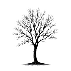 Black bare tree silhouette vector, isolated on white, illustrating a single winter branch