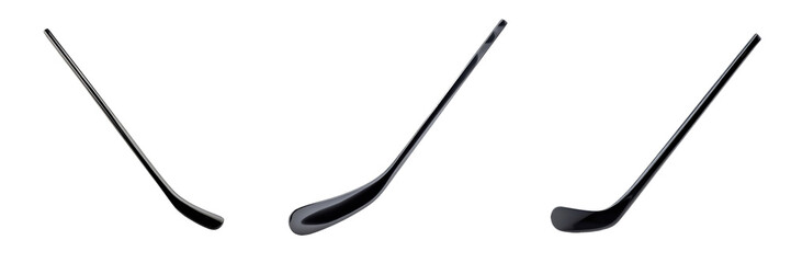 Three hockey sticks in various positions, against a transparent background