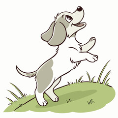 Obraz premium Cartoon dog standing on hind legs with paws up on a green hill with grass and a white background scene