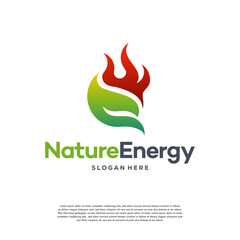Nature Energy Logo design Concept vector template. Leaf with Fire flame droplet shape Logotype concept icon