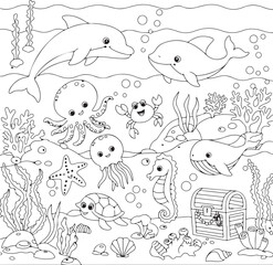 Fototapeta premium Happy Sea Creatures Coloring Page