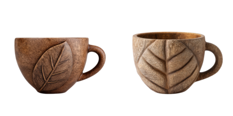 Two wooden mugs, each carved with a leaf design, present rustic charm.