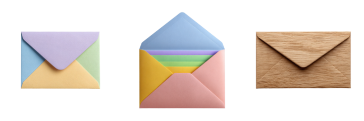 Three square envelopes, one closed in wood grain, one open revealing colorful layers, and one closed with pastel colored papers