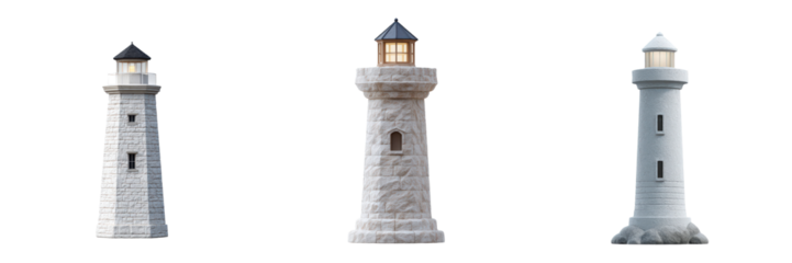 Three stone lighthouses with varying designs and styles stand tall against a transparent backdrop, symbolizing maritime navigation and coastal landmarks