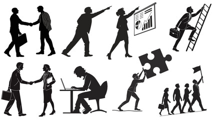 Fototapeta premium Vector collection of business people silhouettes showing corporate teamwork, presentation, and leadership poses.