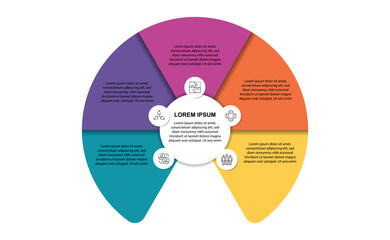 Pie chart infographic, semicircles, business segments, data visualization, five sections, circular flow, colorful diagram