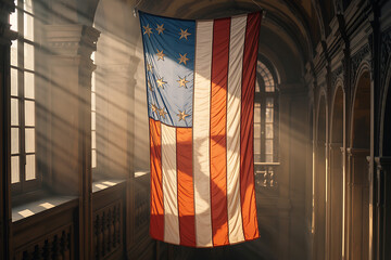 Betsy Ross flag hangs illuminated by sunlight streaming through windows in a historic building evoking heritage.