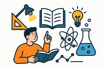A young male student engaged in scientific exploration surrounded by a lightbulb and chemistry elements demonstrating curiosity for knowledge and discovery in an educational environment