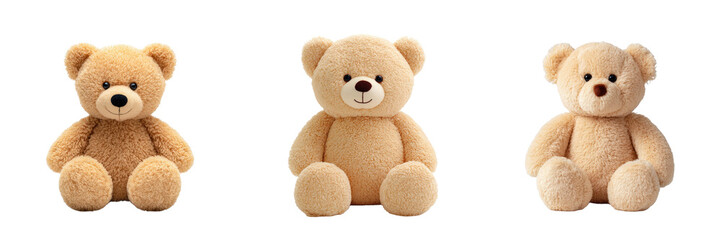 Obraz premium Three plush teddy bears sitting upright against a transparent background