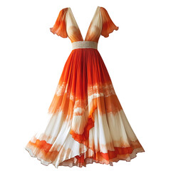 Stunning Orange & White Maxi Dress: Elegant V-Neck, Ruffle Detail