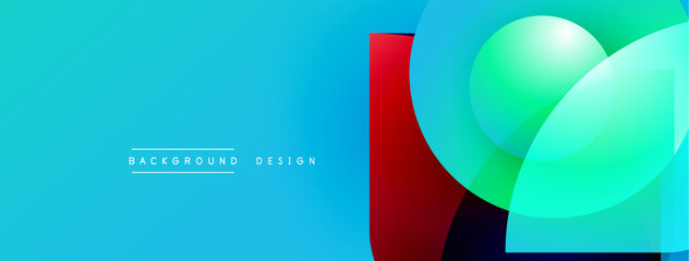 Abstract geometric shapes overlap. Blue, green, red colors create modern design. Background features text elements, simple composition.