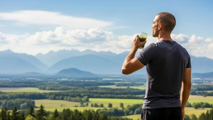 Fit man drinking a healthy green smoothie while enjoying a scenic mountain view. Healthy lifestyle and wellness concept in nature. - Powered by Adobe