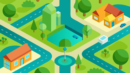 bird eye view cartoon suburban neighborhood