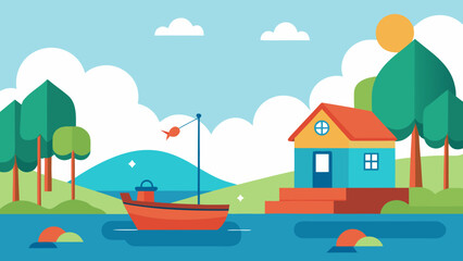 cartoon boat near lakeside homes and fishing