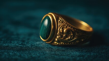 Exquisite gold ring with green stone jewelry showcase elegant display close-up perspective timeless craftsmanship