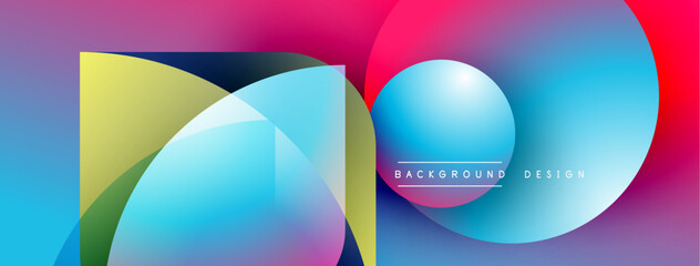 Abstract geometric shapes blend vibrant colors. Overlapping forms create dynamic visual effect. Modern design elements present sleek composition.