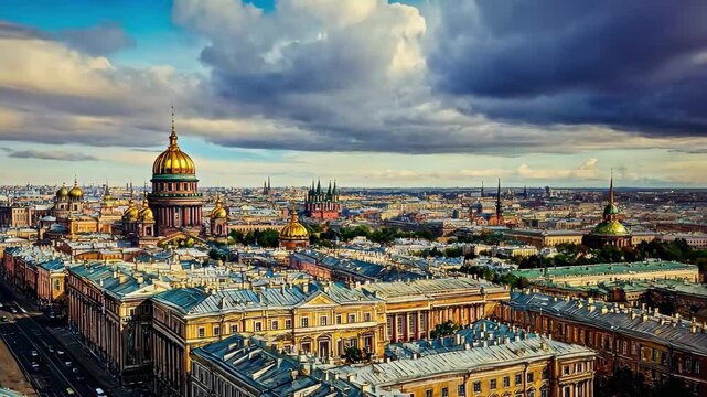 Stunning panoramic view of St Petersburg showcasing architecture and vibrant skies from the colonnade, View of St Petersburg from the colonnade of the Cathedral of St Isaac