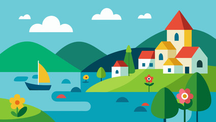 quaint lake village with boats flowers