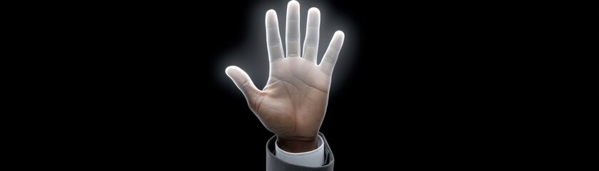Open palm hand glowing with light black background, symbolizing