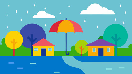 rainy suburban day colorful umbrellas houses