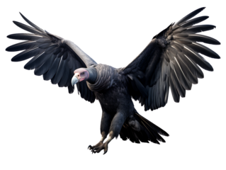 California condor bird with wings spread wide flying front view isolated on transparent background