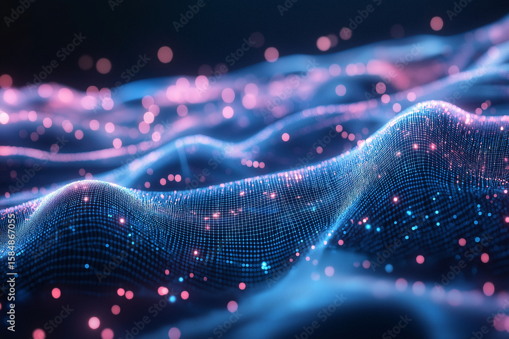 Poster cyber big data flow. blockchain data fields. network line connects to stream. concept of ai technolo