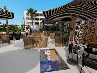 Render 3D realista de restaurante beach club en primera línea de playa, con amplias terrazas frente al mar y elegante comedor interior. Diseño arquitectónico moderno y sofisticado, ideal para proyecto