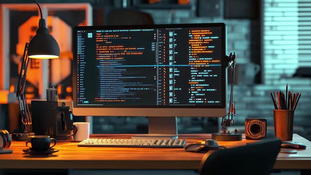 Exploring computer software development in a minimal workspace with vibrant coding display, Computer software development concept Minimal cartoon style 3D render