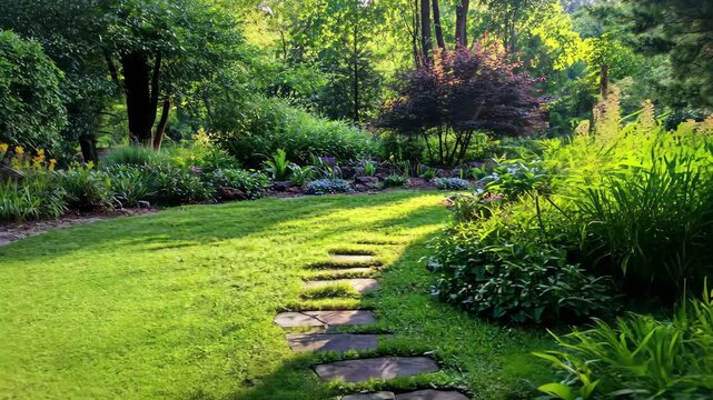Sunlit garden path winding through vibrant greenery and blooming flowers, Sunlit garden with stone path leading through lush greenery