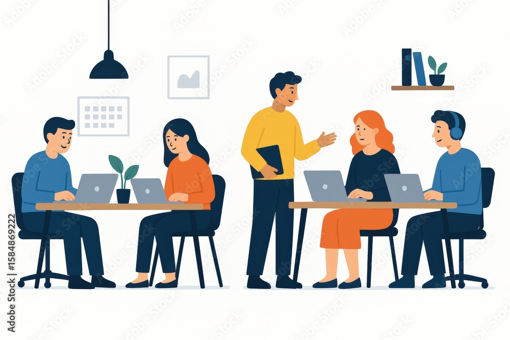 Poster collaborative work environment showcasing diverse professionals engaged in discussions and technolog