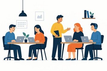 Collaborative work environment showcasing diverse professionals engaged in discussions and technology-driven tasks fostering innovation and teamwork within a modern office setup