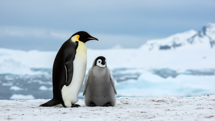 Obraz premium Two emperor penguins standing on snowy ice in Antarctica. Close up of adult and chick penguin against icy landscape.
