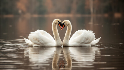 Fototapeta premium Two swans forming a heart shape on calm water. Close up of two white mute swans facing each other in a lake.