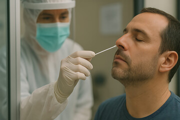 Healthcare professional in full PPE administers a nasal swab COVID-19 test to a man with eyes closed, highlighting medical safety and testing procedures.