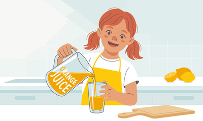 Girl Pouring Orange Juice from Pitcher into Glass - Illustration