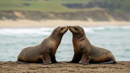 Fototapeta premium Two sea lions reaching for each other on a sandy beach. Close up of two California sea lions interacting in coastal environment.