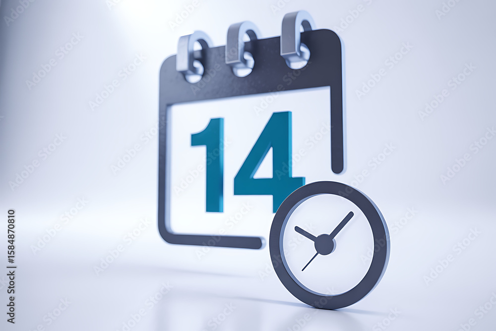 Fototapete calendar icon displaying fourteenth date, rendered beside a minimalist clock for time management rem