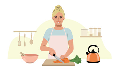 Woman Chopping Carrot: Healthy Home Cooking Illustration