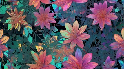 Fototapeta premium Vibrant abstract floral pattern with luminous pink and orange petals against a dark teal and green foliage background