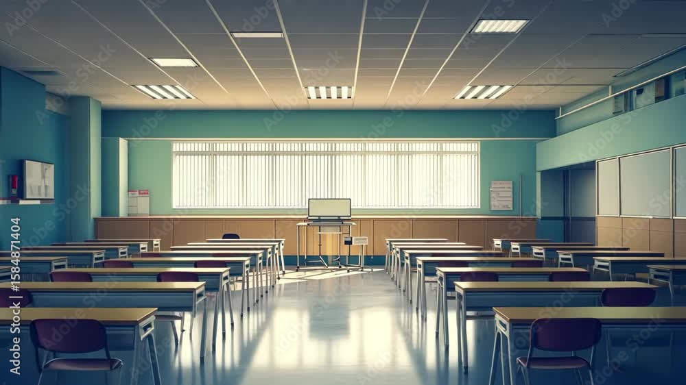 Poster brightly lit empty classroom with rows of desks and chairs during daytime, the brightly lit classroo