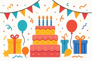 Colorful birthday celebration scene featuring a delightful multi-tiered cake surrounded by cheerful balloons, vibrant gifts and festive decorations creating an atmosphere of joy and festivity