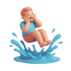 3D claymorphic variation of happy boy jumping into water with big splash, isolated on transparent background
