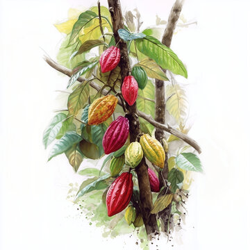Botanical watercolor of a cacao tree with colorful pods in various stages of ripeness. Artistic and vibrant, perfect for educational, packaging, or decorative use.