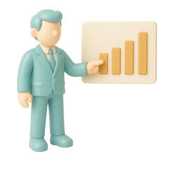 3D claymorphic illustration of businessman pointing at bar chart, isolated on transparent background