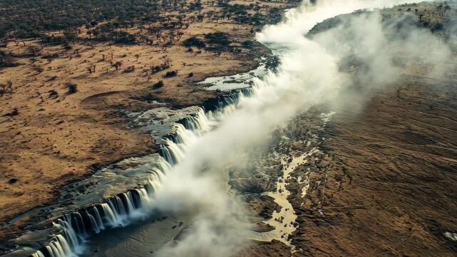 Aerial view showcases the stunning Fourteen Falls cascading into the Athi River in Kenya's wilderness, Aerial view of the Fourteen Falls and Athi river