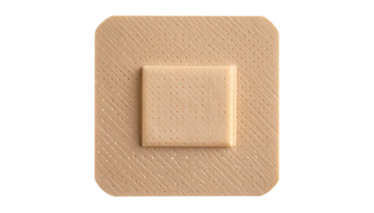 Closeup view of a single square adhesive bandage perfect for medical supplies healthcare websites or first aid product packaging design isolated on transparent background.