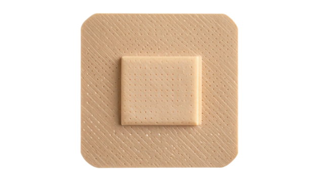  Closeup view of a single square adhesive bandage perfect for medical supplies healthcare websites or first aid product packaging design isolated on transparent background.