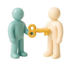 3D claymorphic illustration of two faceless figures exchanging golden key, isolated on transparent background