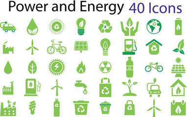 Energy and power vector icons set including solar panel, bulb, battery ,bicycle ,windmill, trees and renewable energy symbols