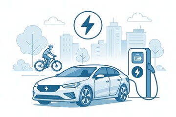 Electric vehicle charging station with a cyclist in an urban environment showcasing modern transportation solutions and sustainability movements emphasizing eco-friendly lifestyles and energy